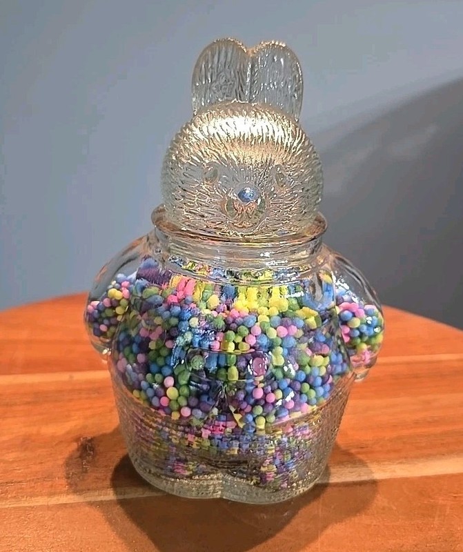 Vintage Clear Glass Bunny Candy Jar Chubby Rabbit Snack