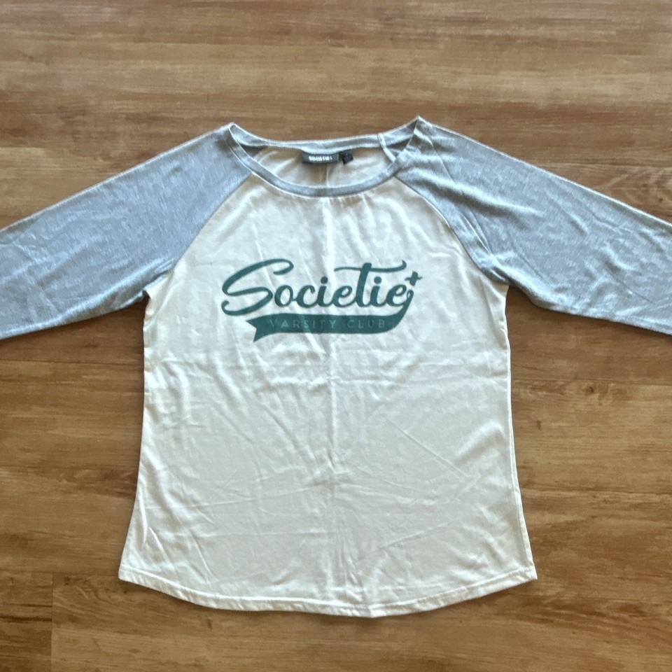 Societie+ Women’s Size 16 White/Grey Colourblock Raglan 3/4 Sleeve Logo Tee