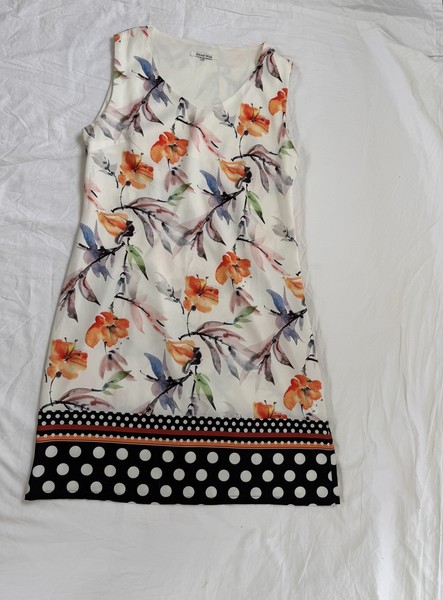 Sweet Miss Women White Floral Shift Mini Sleeveless Polka Dot Border Dress SZ M