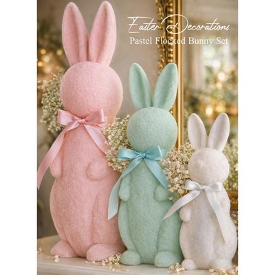 MOREDOTS Easter Decorations  3 Pack Pastel Flocked BowTied Bunny Set 10'', 13''...