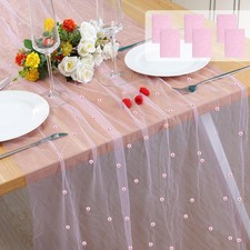 6 Pcs Pearl Table Runner 10FT, 30 x 120 Inch Pink Boho Rustic Tulle Lace Tabl...