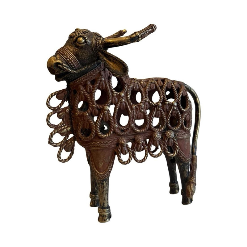 Bronze Bull Figurine with Carved Detailing and Antique Finish