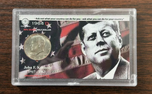 1964 D Kennedy Half Dollar 50C  - 90% Silver  - In special display case  - unc