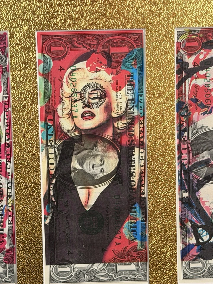 BELLAS ARTES: DEATH NYC Tríptico Marilyn Monroe — Firmado — Billetes de dólar enmarcados Certificado de autenticidad Foto 4 de 4