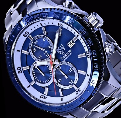 Pierrini Herren Edelstahl Armband Uhr Chronograph Blau Silbern Datum 2