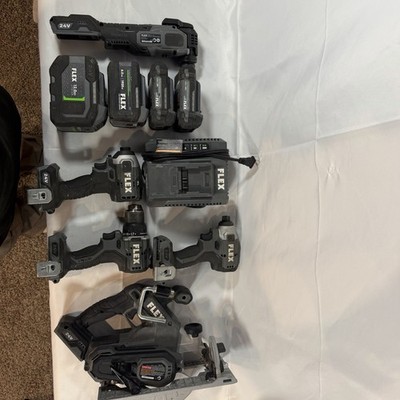 FLEX 24V Cordless Tool Bundle 4 batteries 3 drills 2 tools READ Deccription