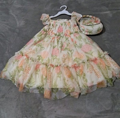 Rachel Zoe Girls Floral Pastel Tiered Smocked Dress With Small Purse Sz. 5T