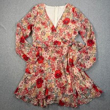 Altar'd State Faux Wrap Dress Size Large V-Neck Red Floral Sheer Long Sleeve