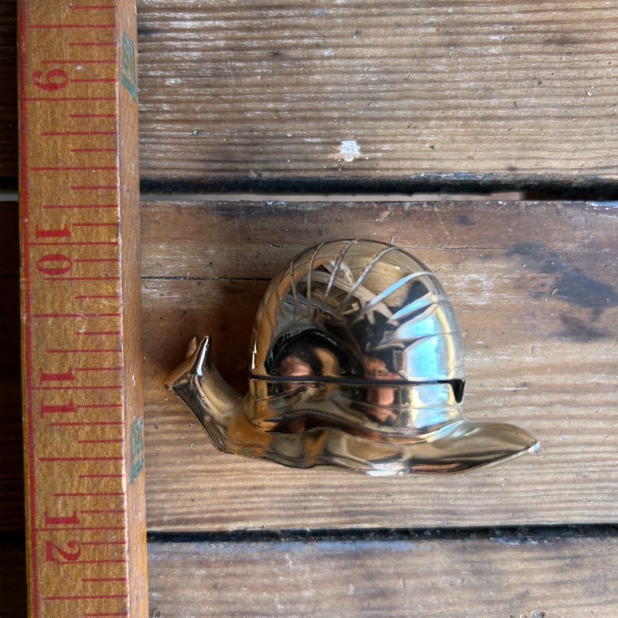 Vtg Snail Salt Cellar Gold Plated Metal w/ Spoon & Plastic Liner