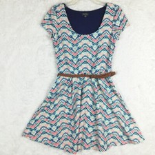 Lily Rose Womens Dress Belted Short Sleeve Midi Chevron Blue White Scoop Neck M