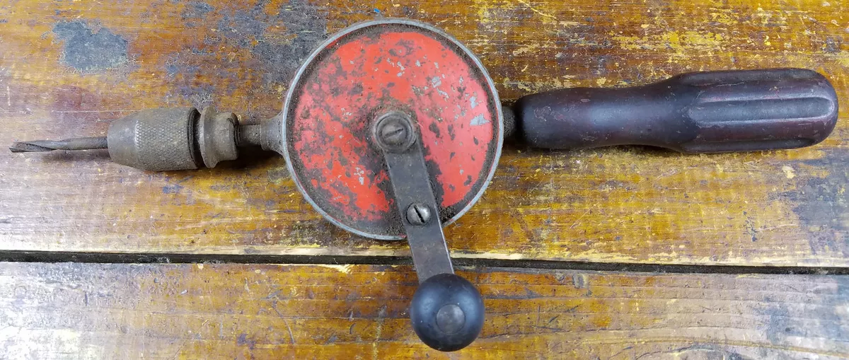 Antique Vintage Hand Crank Screwdriver or Drill Red Center