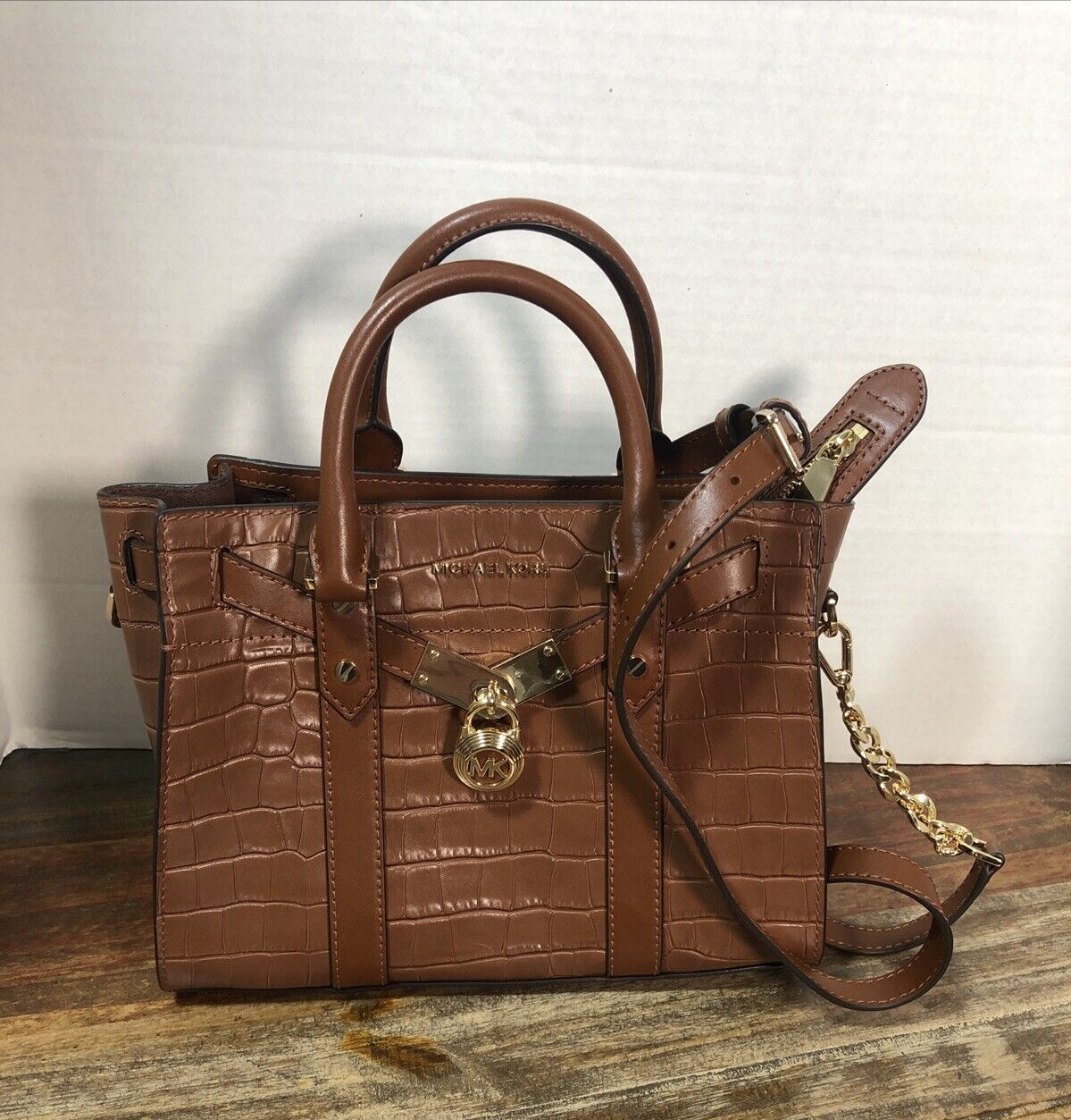 Michael Kors Brown Croc Embossed Satchel Bag with Padlock (No Key)