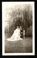 BRIDE GROOM BEAUTIFUL WEDDING DRESS BENCH WILLOW TREE OLD/VINTAGE PHOTO- N558