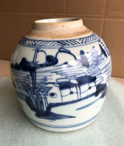 ANTIQUE 19TH C. CHINESE EXPORT CANTON BLUE & WHITE PORCELAIN GINGER JAR