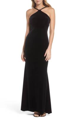 xscape black mermaid dress XSCAPE Black Halter Strappy Lace-Up Back Velvet Bodycon Mermaid Gown 8 M  Eliza J