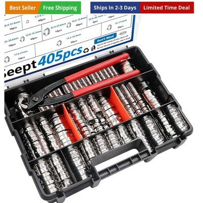 405Pcs 15-Sizes 304 Stainless Steel Single Ear Hose Clamps with Ear clamp pli...