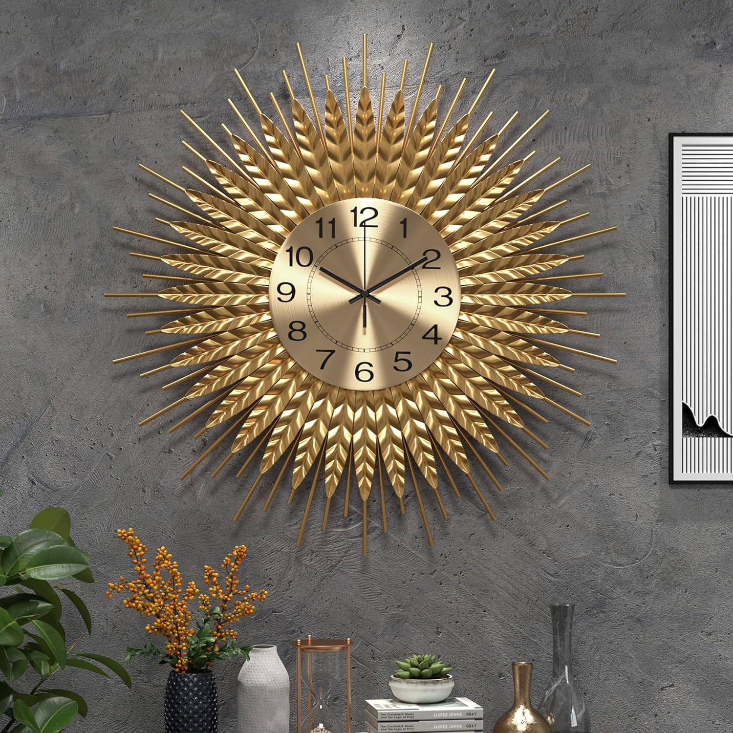 28" Gold Large Silent Wall Clock - Modern Metal Art for Home Decor