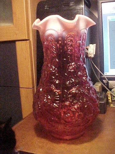 Vintage 12 1/2" Tall Fenton Cranberry Opalescent Color Art Glass Poppy Show Vase