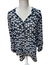 A.N.A. Women's Navy Blue Sheer Chevron Print Blouse V-Neck Button Front Size XL