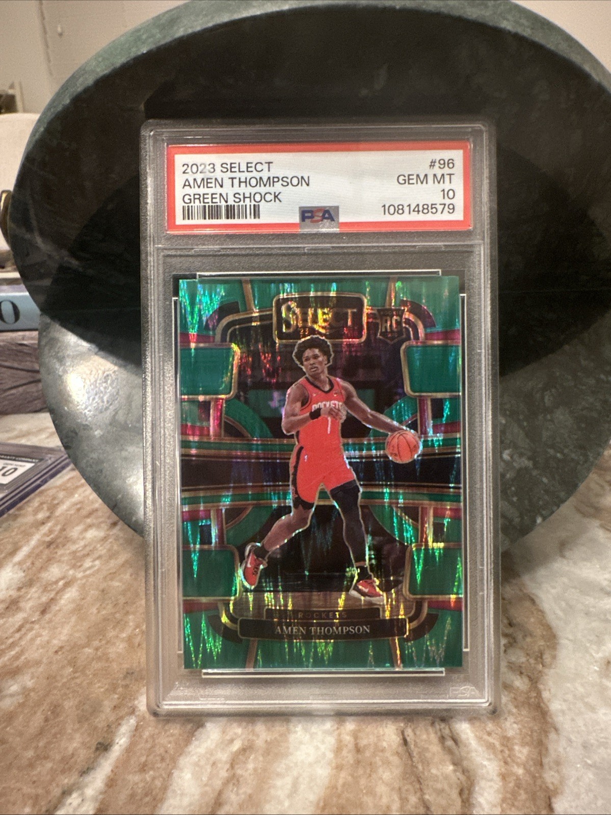 2023-24 Panini Select Concourse Amen Thompson #96 Green Shock Prizm (RC) PSA 10