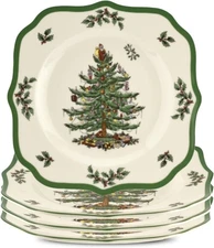 Spode Christmas Tree Scalloped Salad Plates – Set of 4, 9‑Inch Holiday Themed St