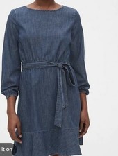 GAP Women Indigo Blue Belted Cotton Denim Long Sleeve Flounce Mini Dress 10