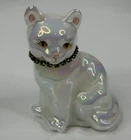 Fenton Signed Iridescent Peridot Birthstone Cat Figurine August Hand Painted