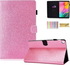 Glitter Bling Folio Stand Case for Galaxy Tab A 10.1 2019, Pink with Pencil Hold