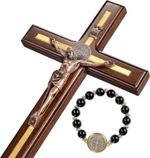  St Benedict Crucifix Wall Cross - Handmade Saint Benedict Wood Cross Wall Decor