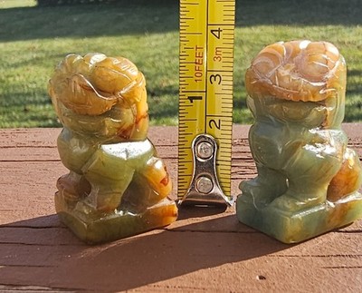 Carved Green Stone Foo Dog Figurines Lot of 2 Vintage Less than 2'' H- *READ*