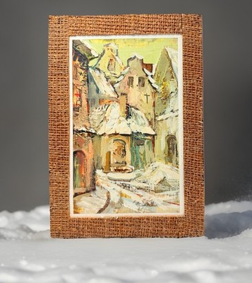 Baltic Winter Village Impasto Oil Painting Textured Architectural Panel 9.25 