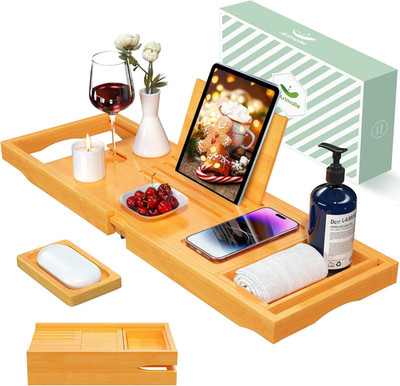 Foldable Bathtub Tray for Tub, Bamboo Bathtub Caddy Tray Table with Book Stand f