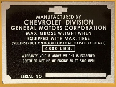 1951-1952 Chevrolet 1/2T Truck ID Identification Tag STAMPED w/ Your Info