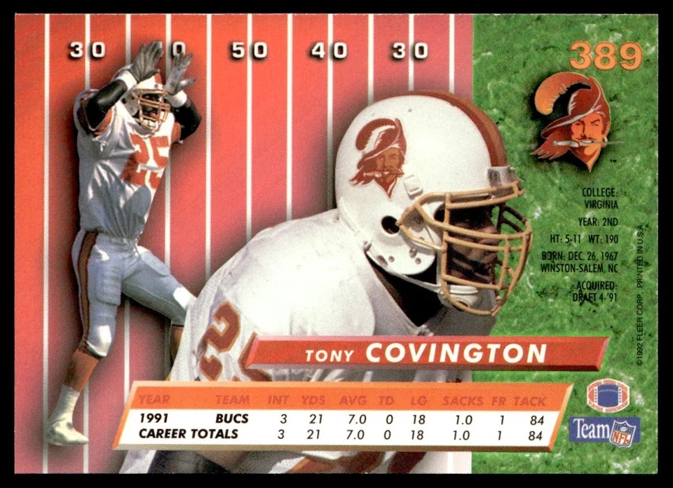 1992 Ultra Tony Covington Tampa Bay Buccaneers #389 - Image 2 of 2