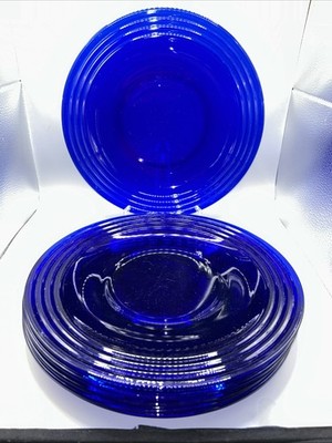 6-Cobalt Blue Glass Dinner Plates Ribbed Bormioli Rocco Forum Saphir 10 3/8''D