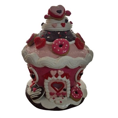 Valentine Gingerbread House Decor Pink Donut Candy Cottage Glitter Sweet Shop