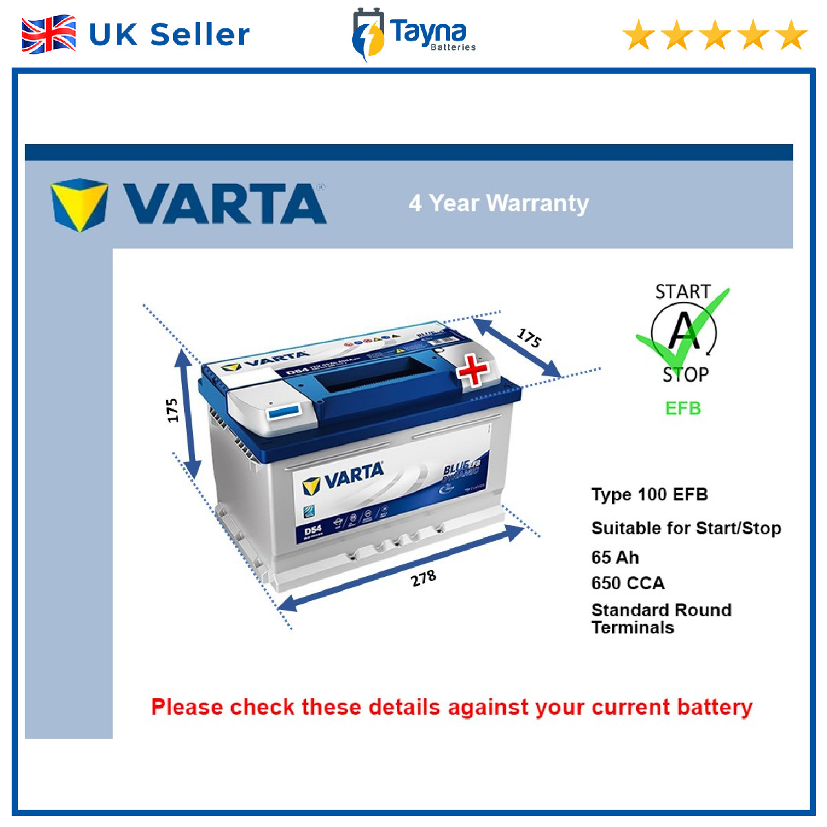 EFB Car Battery D54 Varta 100 EFB 650A 65Ah 4Yr Warranty 278x175x175 Start Stop