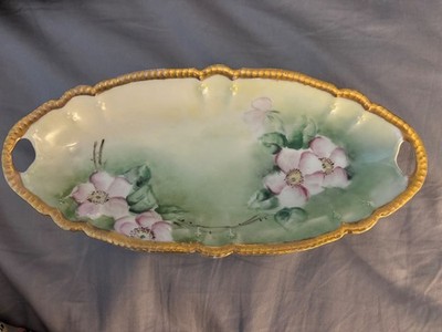 Antique Signed Hand Painted Gold Trim Dogwood Flower Tray Gold Trim Celery Dish 