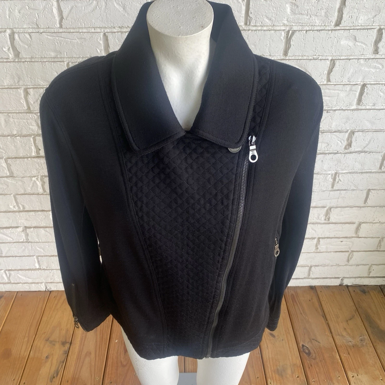 Giacca moto Chanel donna lana colletto zip manica lunga nera taglia EU 44 LEGGI