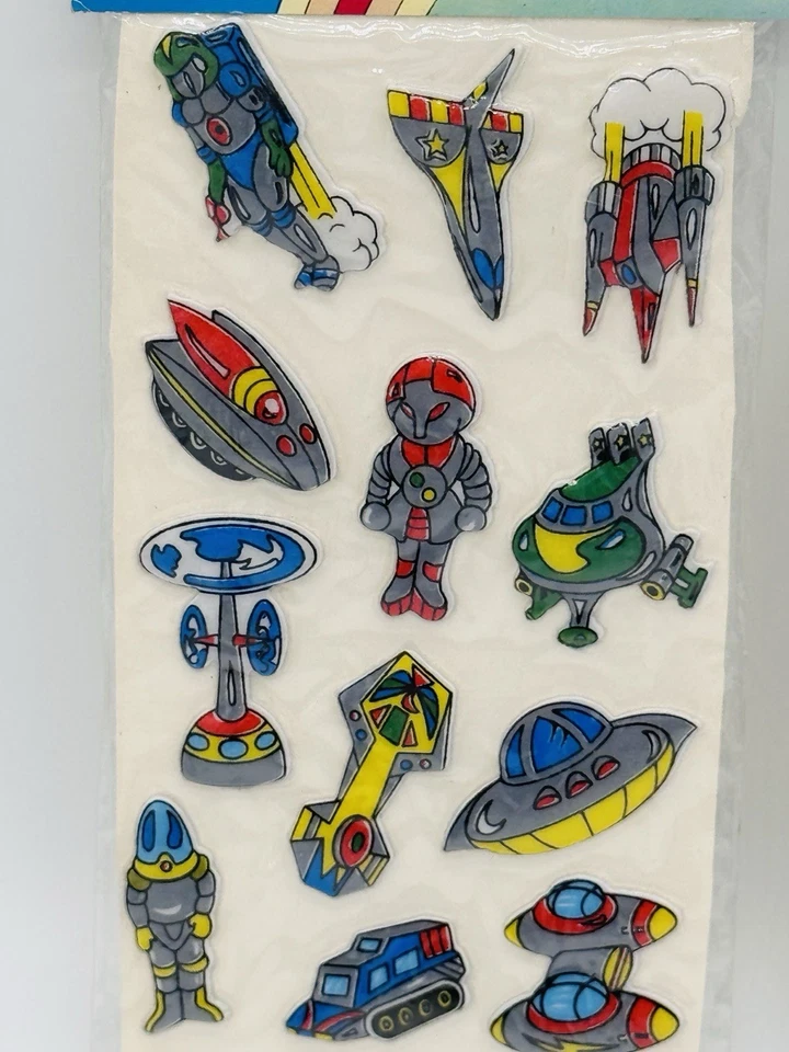 Vintage 80's Puffy Stickers Space Robots Aliens Spaceship 1 Sheet Taiwan Lot 2 - Image 2 of 4