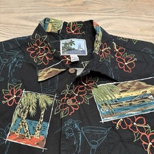 Camicia Aftco Bluewater nera hawaiana floreale pesce con bottoni uomo L corta Slv USA