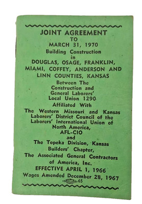Vintage 1967 Local Union 1290 Kansas Agreement Laborer Trade Union Book Booklet
