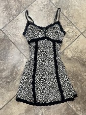 Vtg Y2K Babydoll Slip Dress Animal Leopard Print Black Lace Sz M