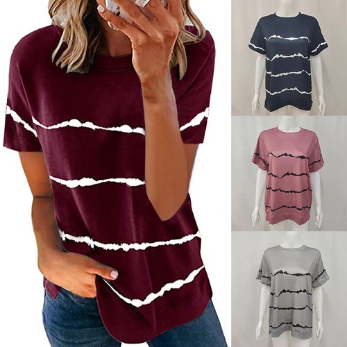 Women Striped Print Short Sleeve T Shirt Top Casual Round Neck Loose Blouse Te в - Picture 5 of 19