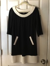 Muse Black Ivory Pullover Gathered Neck Ponte Knit Dress w Pockets EUC 6