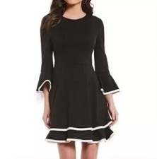 Eliza J Womens 8 White Trim Bell Sleeve Layered Ponte Knit Fit N Flare Dress