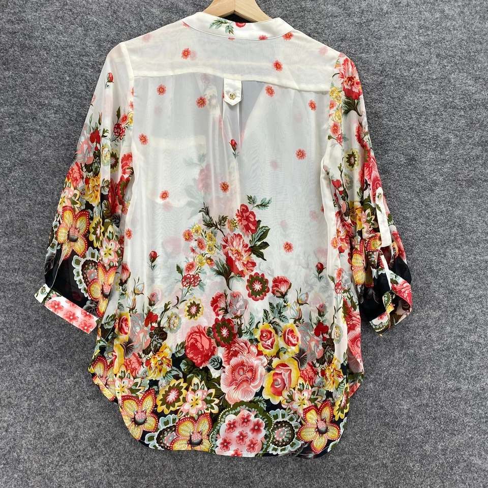 Jun & Ivy блузка женщин S маленький белый цветочный v-образным вырезом 3/4 рукав чистый карманы - Изображение 2 из 4