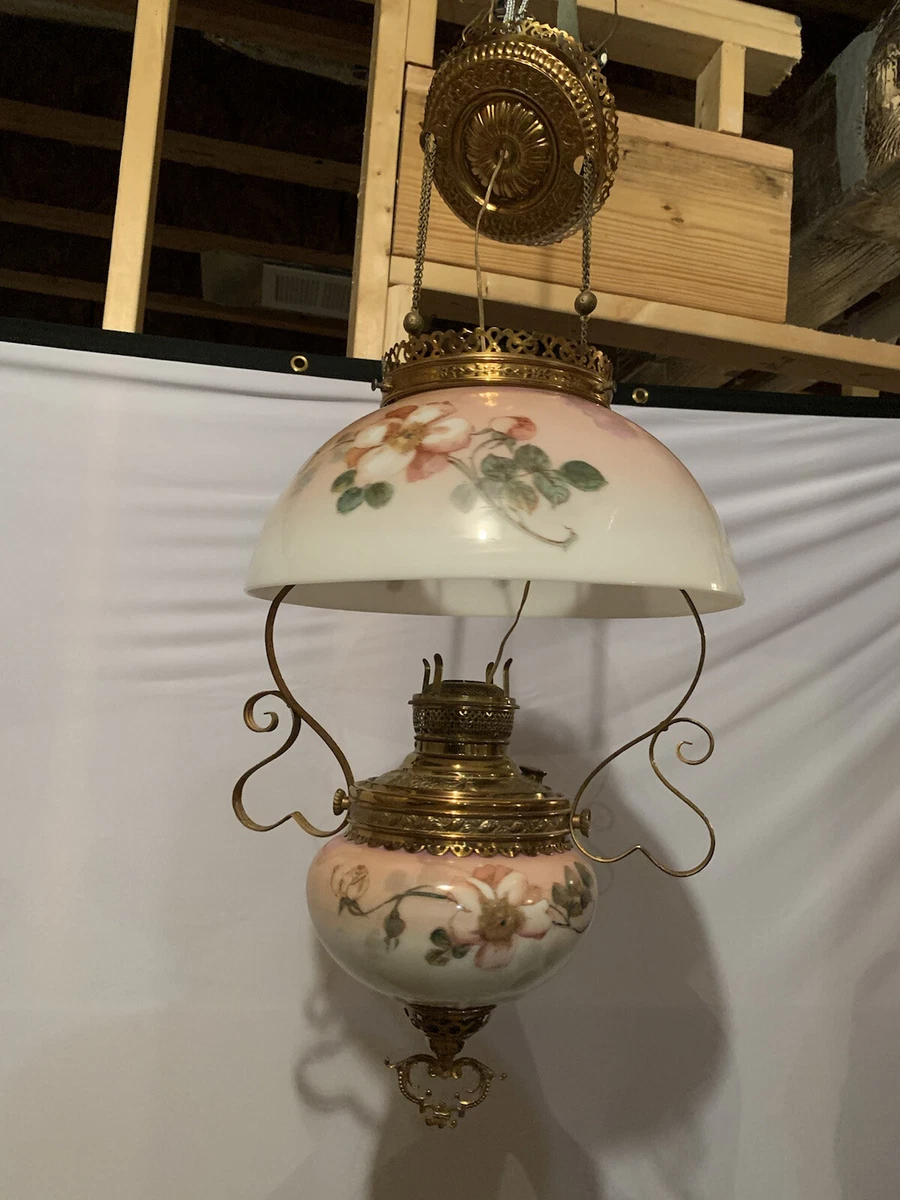 Antique Miller The New Juno Hanging Brass and Milk Glass Oil