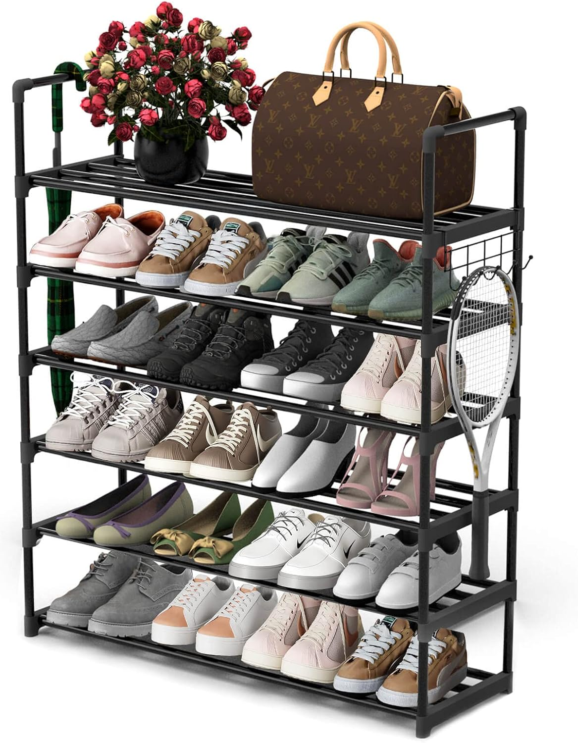 6-Tier Adjustable Metal Shoe Rack with Hooks and Stackable Shelves