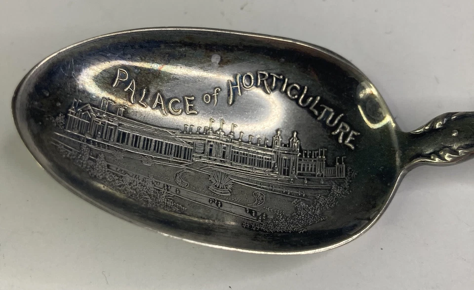 "Cuchara de 6"" de recuerdo de plata esterlina de San Luis del Palacio de Horticultura de 1904 vintage" Foto 2 de 4